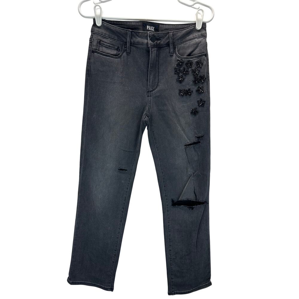 Paige Jacqueline Straight Black Wash Floral Beaded Jeans 28 Boho Hippy